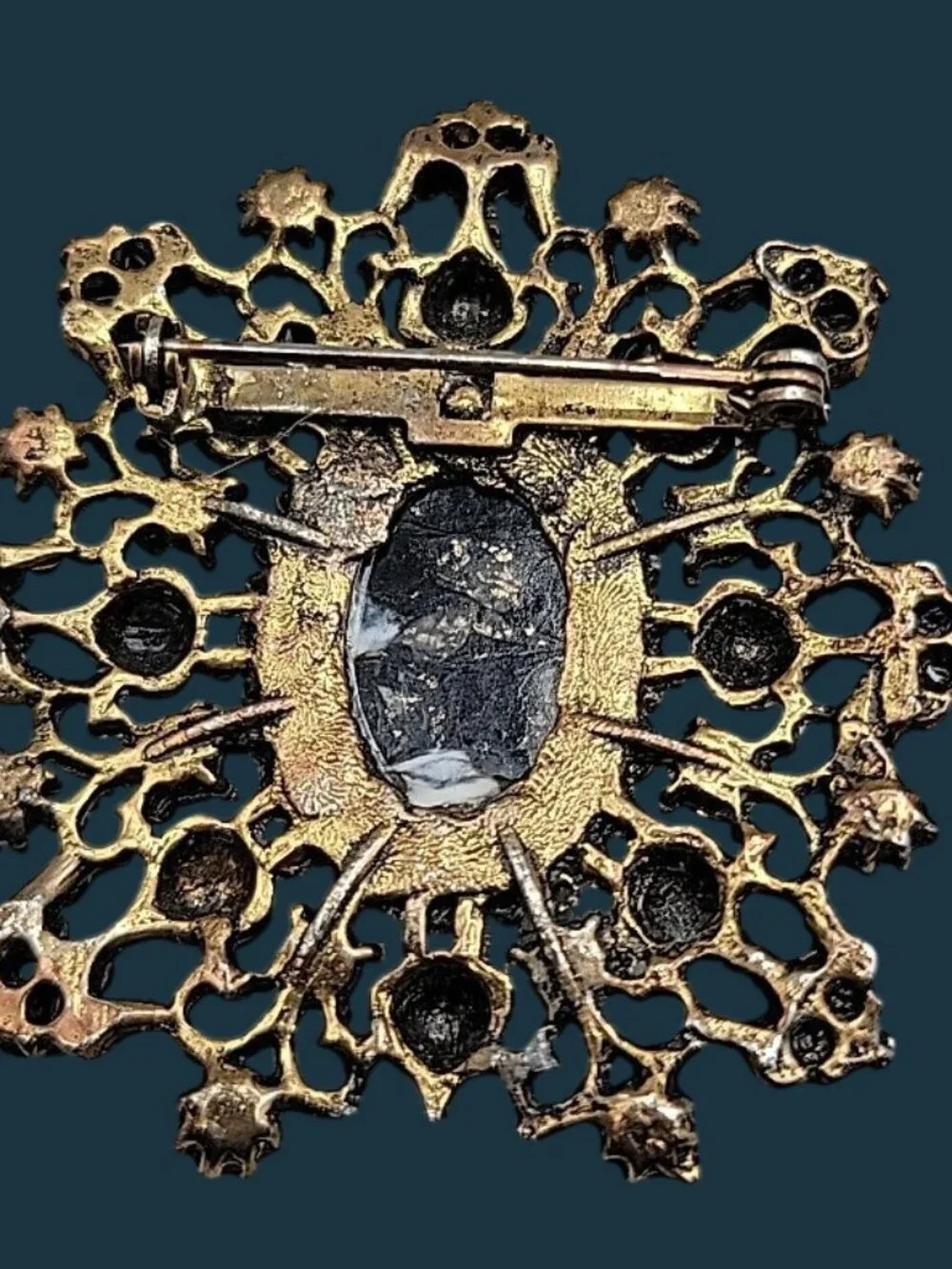 Vintage Victorian Revival Black Cabochon Starburst Brooch Pin Gold Tone Filigree